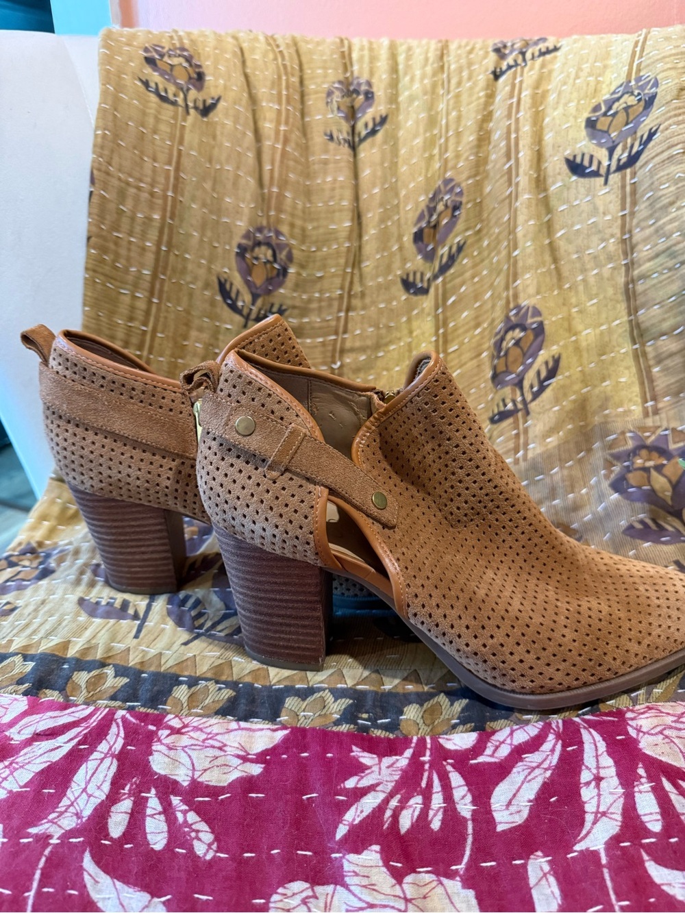 Franco Sarto Tan Perforated Faux-Suede Heeled Booties